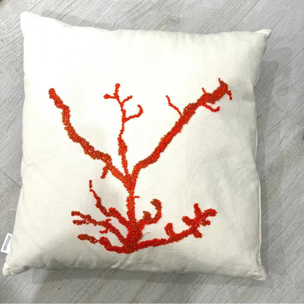Pottery Barn Coral Coastal Beach Embroidered Accent Pillow